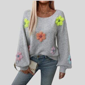 Floral Decor Round Neck Long Sleeve Sweater Grey
